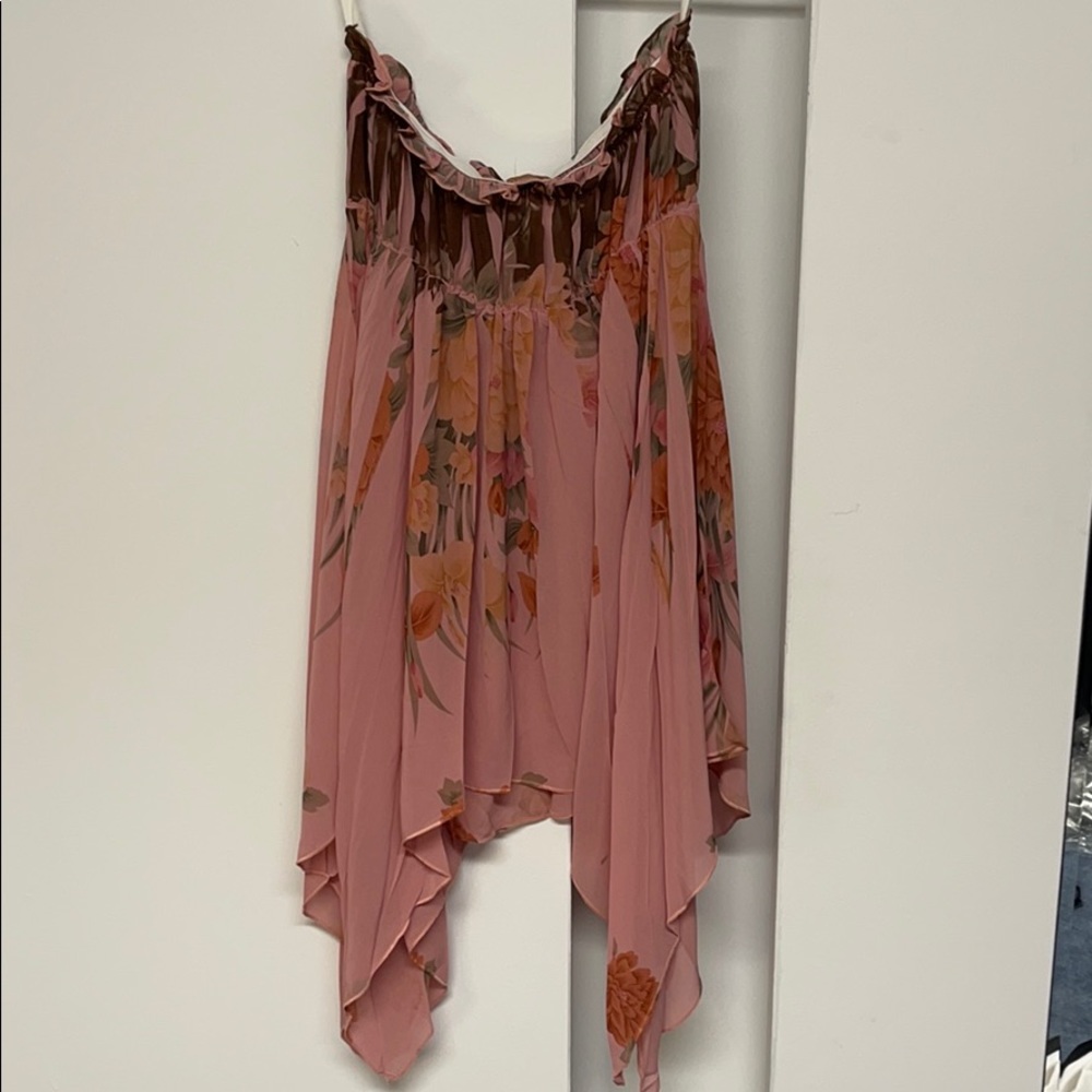 Pink sheer floral tube top with elastic at bust